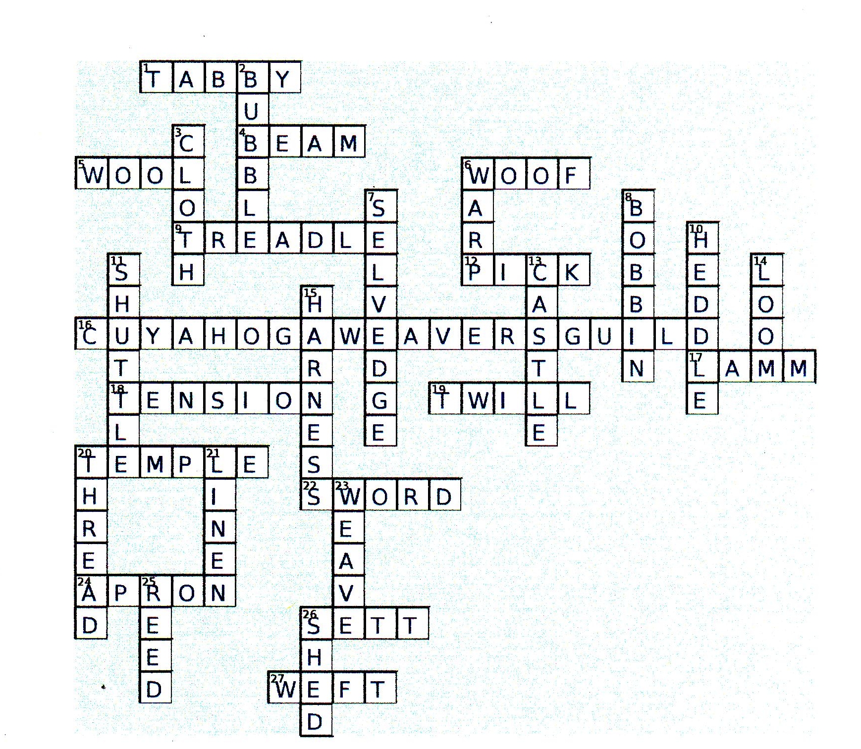 Crossword puzzle answers Cuyahoga Weavers Guild